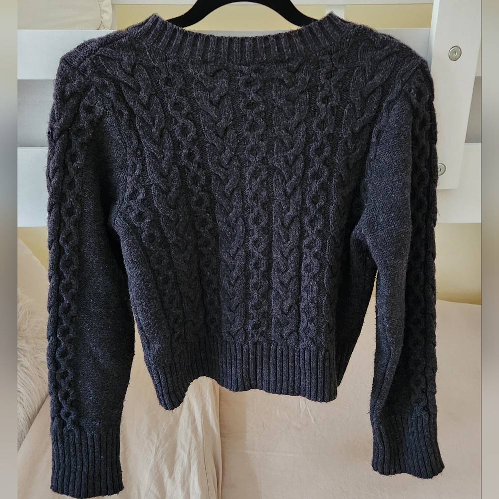 Anthropologie Maeve Cable Knit Fuzzy Shrunken Cardigan Sweater Gray Medium - Picture 5 of 6